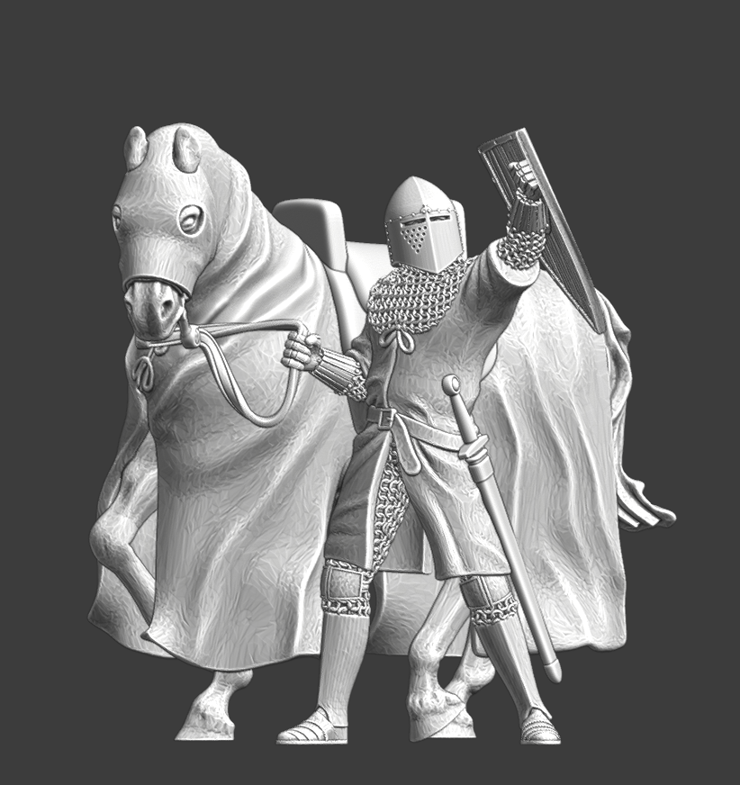 Medieval crusader knight standing with his warhorse